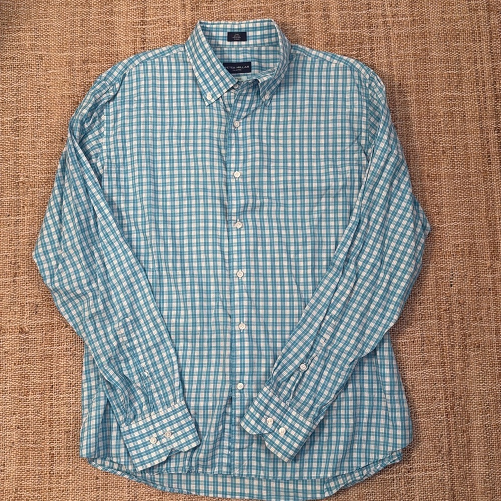 Peter Millar Aqua Turquoise White Check Plaid Button Down Shirt L Flex Finish